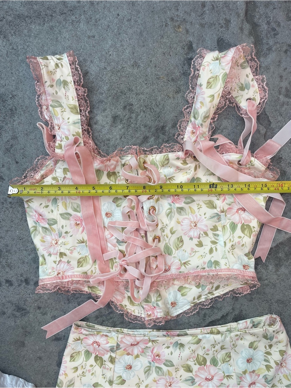 Floral Cottagecore Corset Top Mini Skirt 2 piece Set Pink Lace Co-Ord XS–S - Picture 4 of 7
